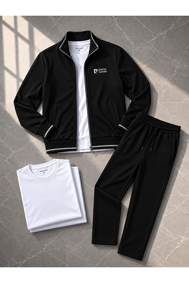 Black Tracksuit & White Basic T-Shirt Men's Two-Piece Combination Set
