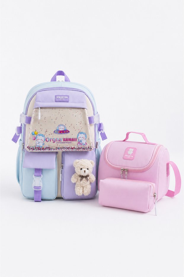 Kawaii Korean Style Primary School Bag Set of 3 (Foil-Lined Lunch Bag + Pencil Case) 44X30X20 cm
