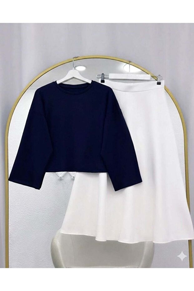 Basic Blouse Flared Skirt Set Navy Blue