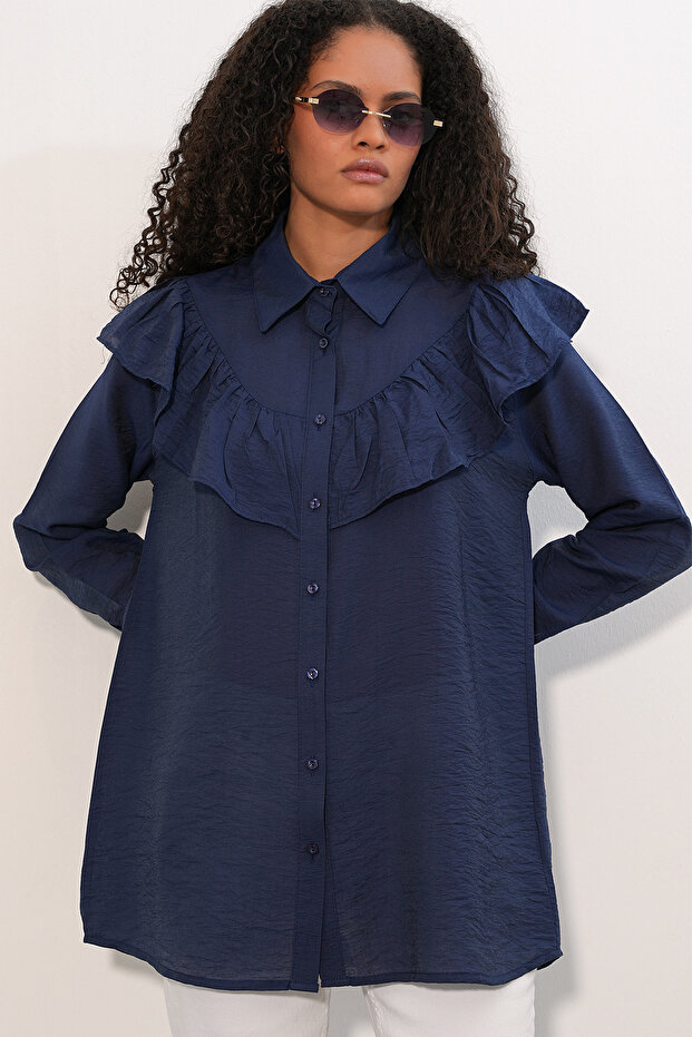Women's Ruffle Detailed Shirt Tunic 1494 - Navy Blue