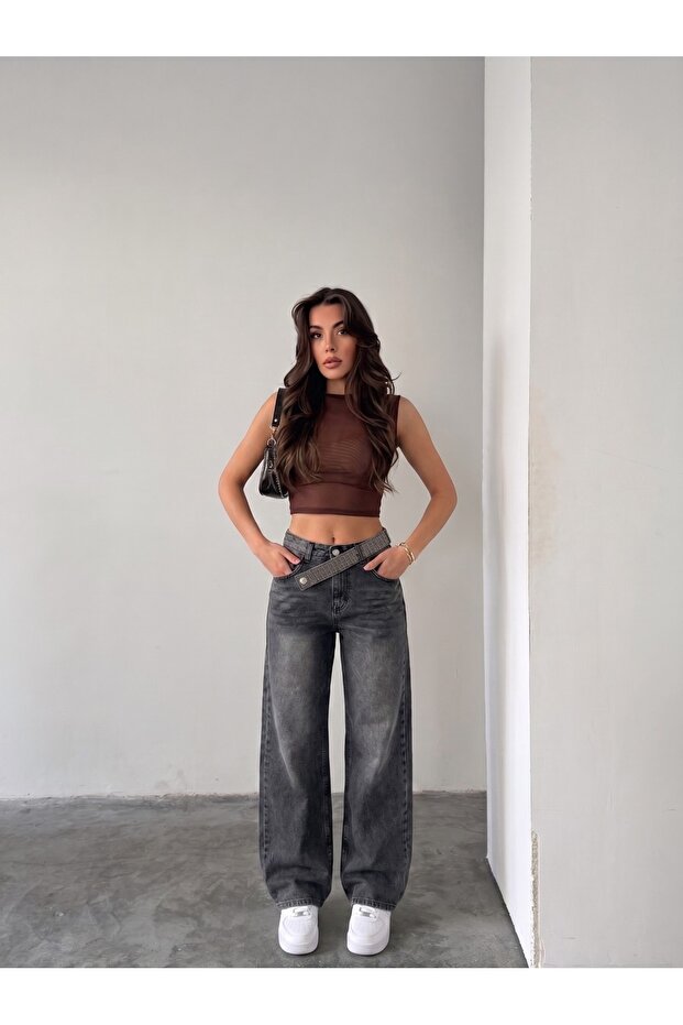 Belted Stone-Detail Snow Black Embroidered Straight Jeans