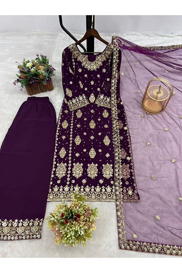 Blue Faux Georgette Embroidered Kurti Palazzo & Dupatta - | Blue