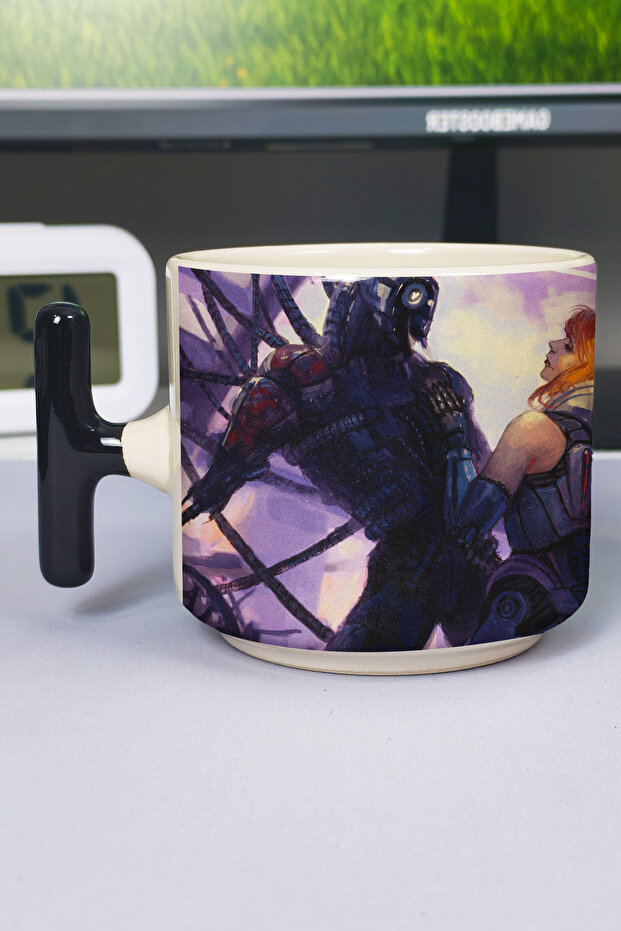 كوب سيراميك فاخر مطبوع عليه Mass Effect (قطعة واحدة) بمقبض أسود خاص على شكل حرف T V5T