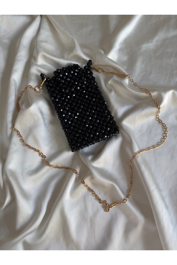 Handmade Phone Bag with Pearl Beads for Women – Evening Dress Bag, Wedding Bag, Engagement Bag, Black