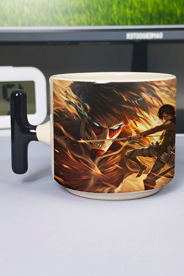كوب سيراميك فاخر مطبوع عليه أنمي Attack on Titan (قطعة واحدة) على شكل حرف T بمقبض أسود خاص V2T