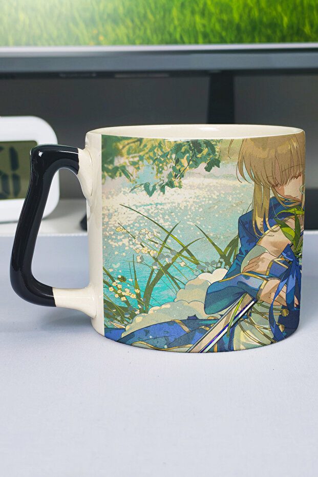 كوب سيراميك فاخر مطبوع عليه Fate Anime (قطعة واحدة) بمقبض أسود مميز V1D