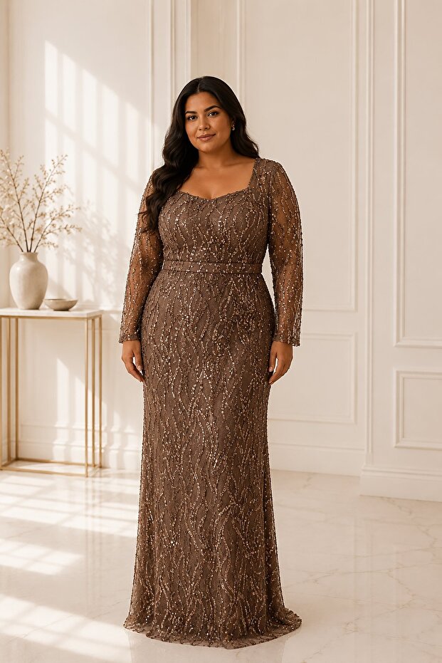 Sequin Embroidered Long Sleeve Plus Size Evening Dress