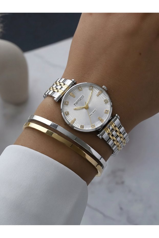 Milano Sunlight Patterned White Dial Stone Detailed Double Color Women's Wristwatch