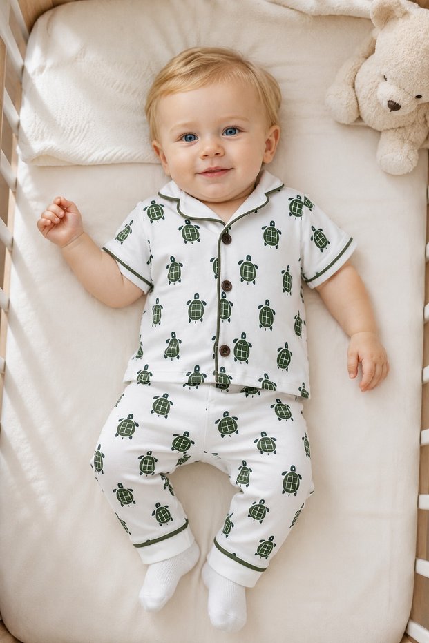 Baby Boy Turtle Patterned 2-Piece Seasonal Set Buttoned Cotton Pajamas