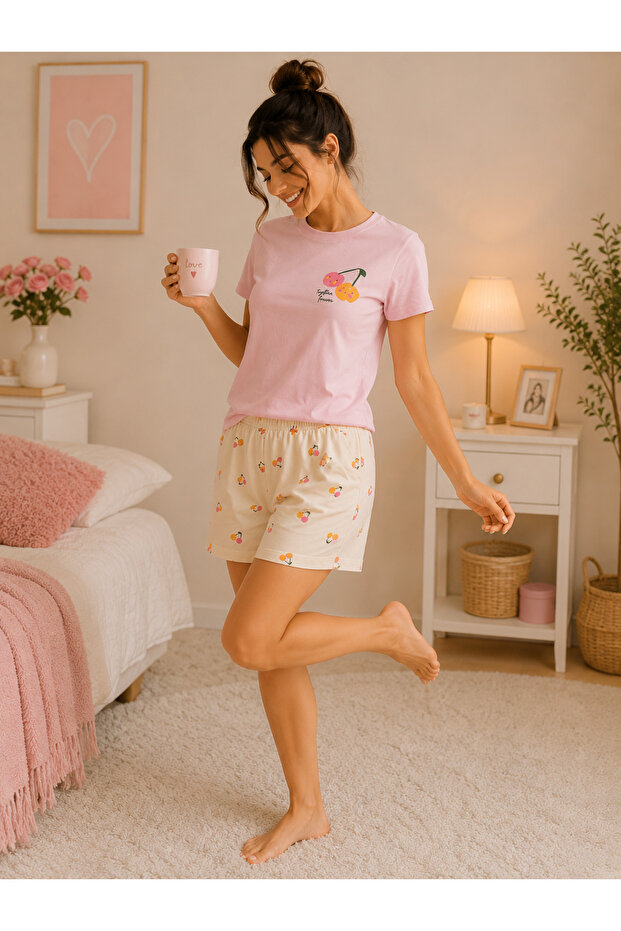 Women's Cherry Patterned Shorts Pajama Set Short Sleeve Comfortable Home Wear