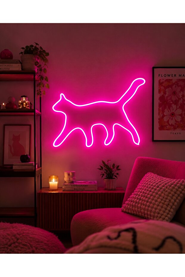 Kedi Figürlü LED Neon Duvar Tablosu | Pembe Aydınlatmalı Modern Dekor | Farklı Boyut Seçenekli Salon Hediye - 1