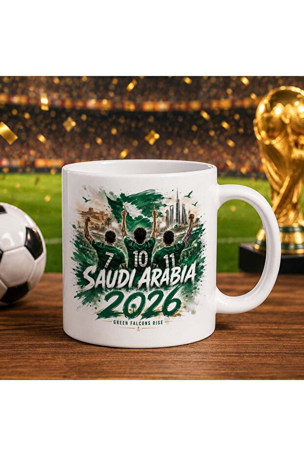 كأس أبيض بتصميم كأس العالم 2026 لمشجعي المملكة العربية السعودية