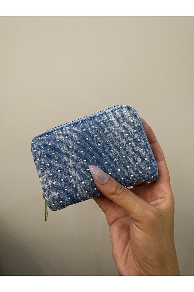 Women's Blue Denim Stone Zippered Multi-Compartment Mini Wallet Card Holder 9cm X 12cm