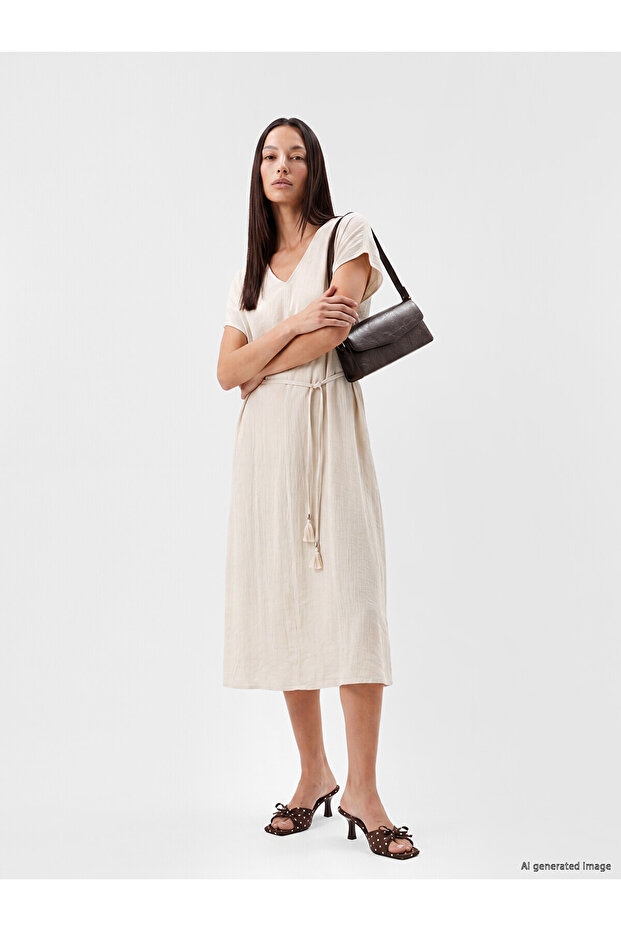 Trendlucky V-Neck Belted A-Line Textured Dress with Difference