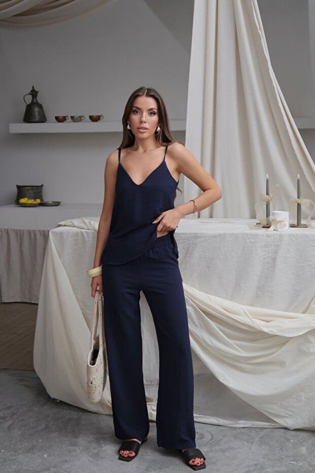 Thin Strap V-Neck Blouse and High Waist Aerobin Pants Bottom Top Set