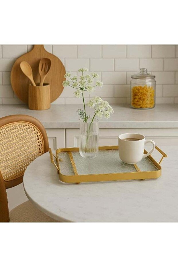 BS B&S Rectangular Decorative Glass Tray with Golden Metal Frame & Handles
