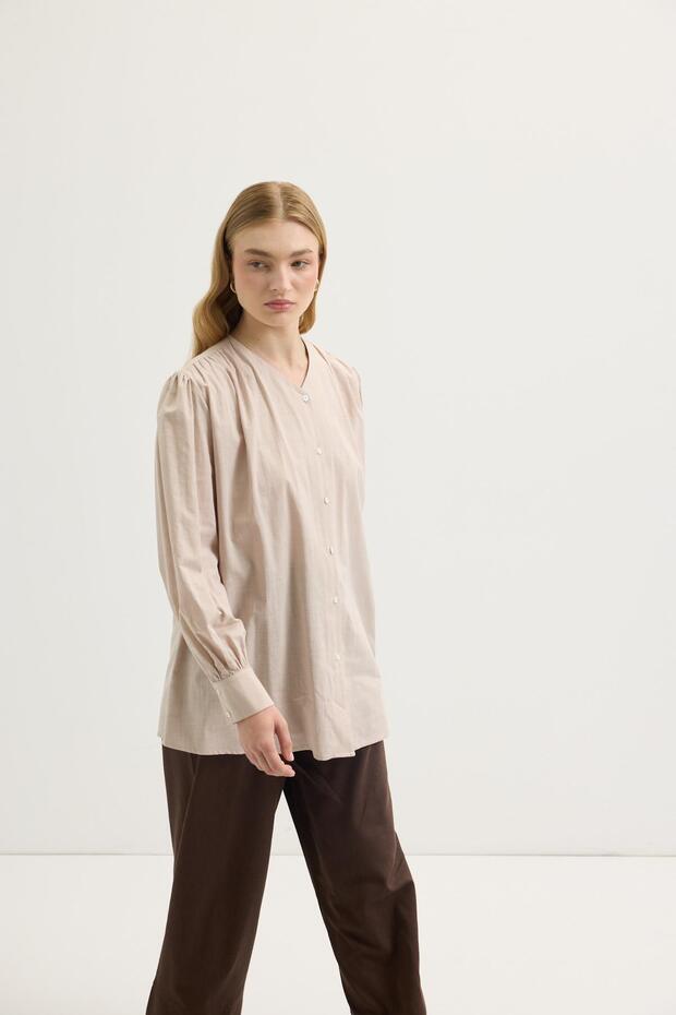 Drawstring Detailed Linen Shirt Sand Beige