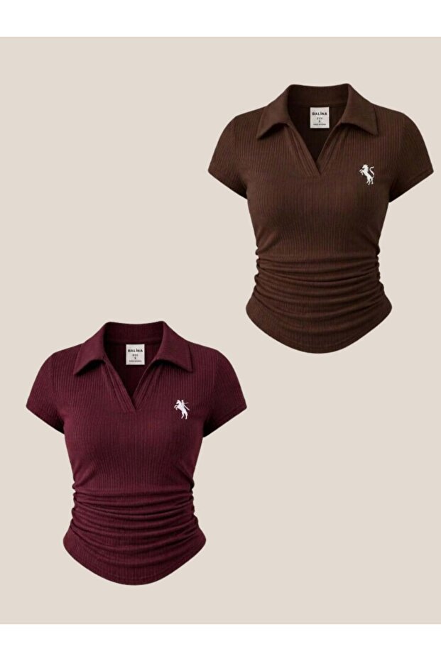 Burgundy and Brown Polo Collar Ribbed Premium Blouse