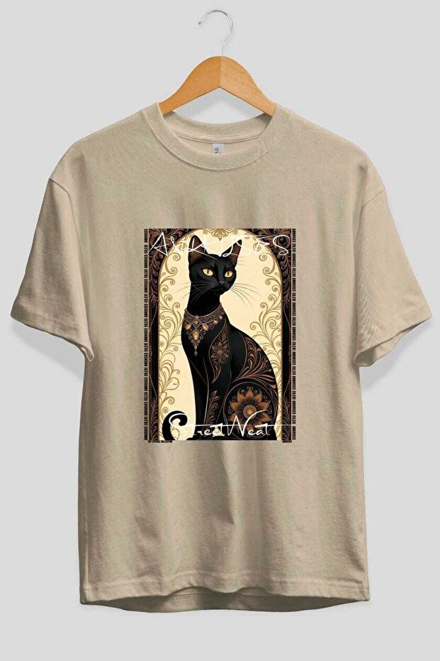 For the Love of Cats 86 Front Cat Printed Beige Oversize T-Shirt 100% Cotton Unisex Cat Lover Premium Design