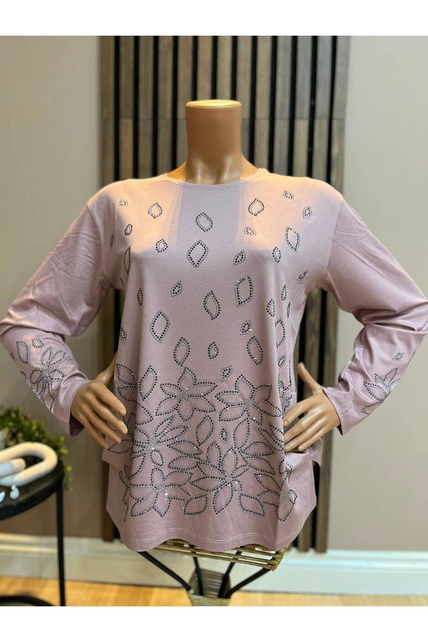 Women's Combed Cotton Blouse for Middle-Aged and Older Women with Floral and Stoned Hem