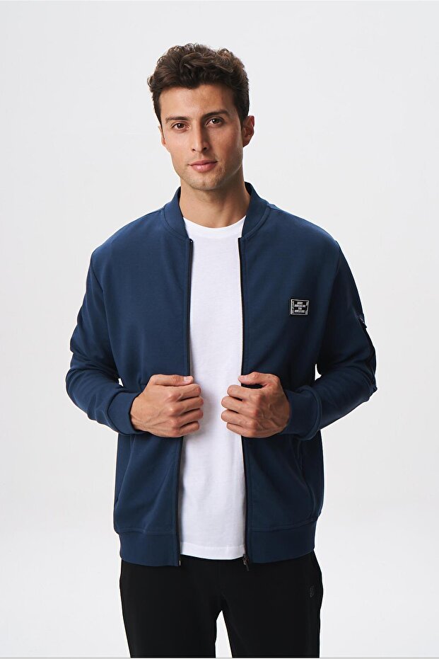 Men's Indigo Slim Fit Scuba Waterproof Fabric Basic College Collar Sweatshirt K28324988301