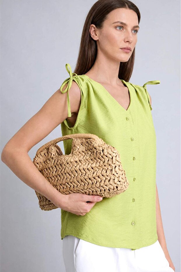 Regular Fit V-Neck Sleeveless Green Shirt H5716Ax26Sm
