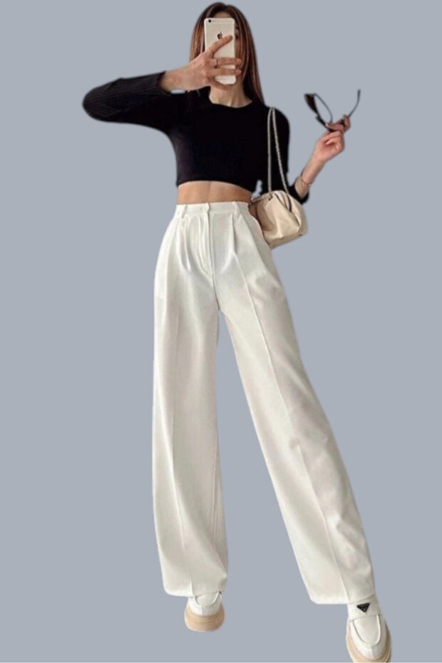 Wide Leg Pleated Relaxed Fit Ecru Fabric Trousers
