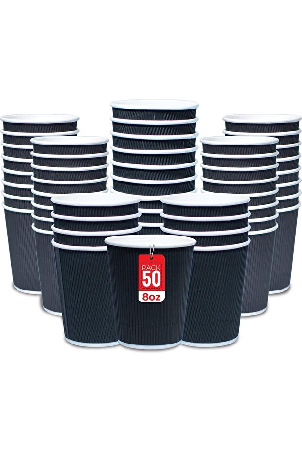 8 oz saada pack Brown Ripple Insulated Paper Cups for Hot Beverages (50 pcs) (Black)