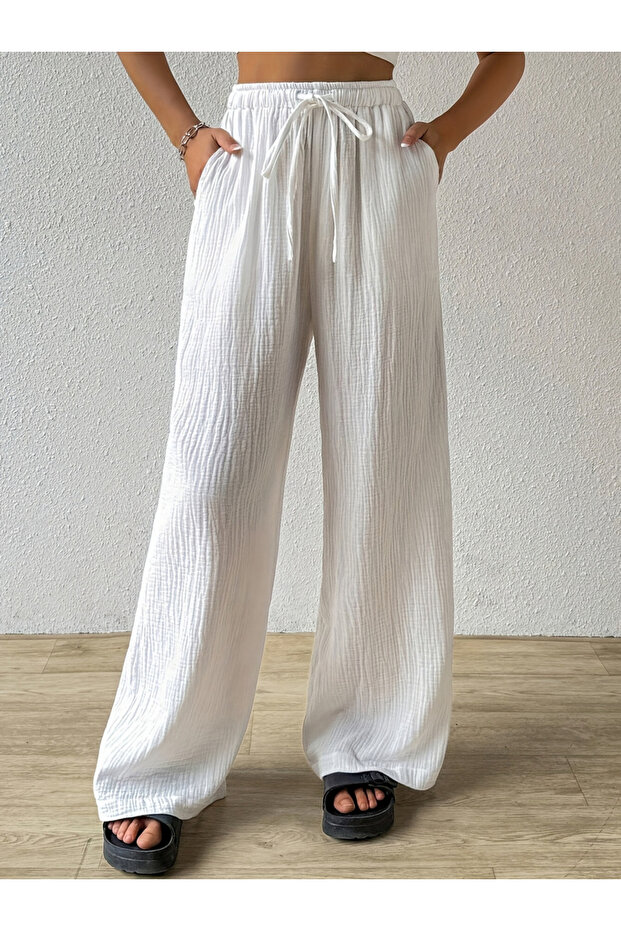 White Textured Straight Leg Pants