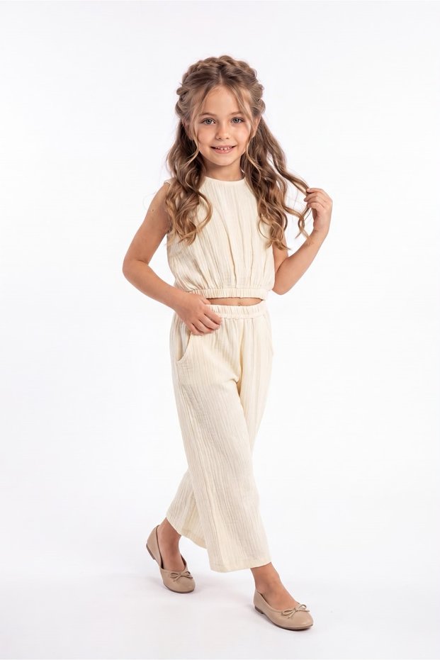 Girl's Cotton Muslin Comfortable Set M00826 Ecru
