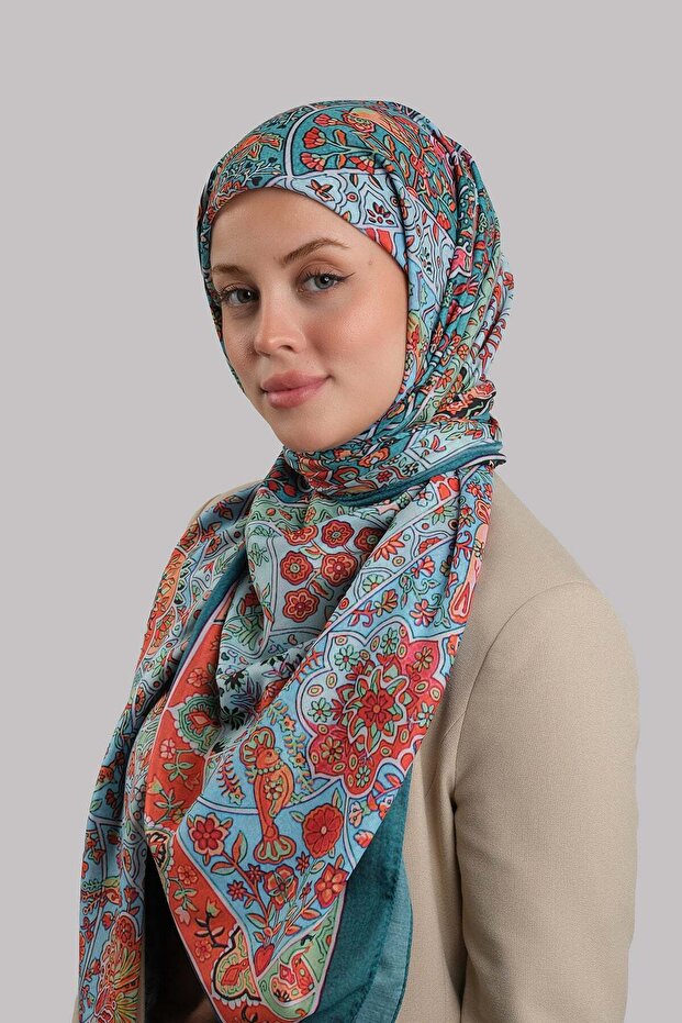 Petrol Blue Oversized Scarf Italian Stitched Cut Fiber Patterned 202212_17