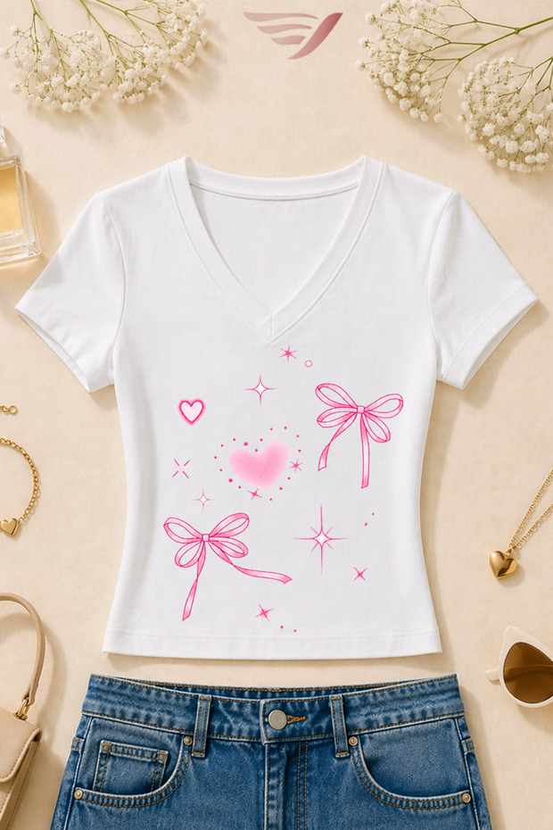 Women's Pink Bow Heart Printed Basic Daily Use V-Neck Slim Fit Lycra T-Shirt