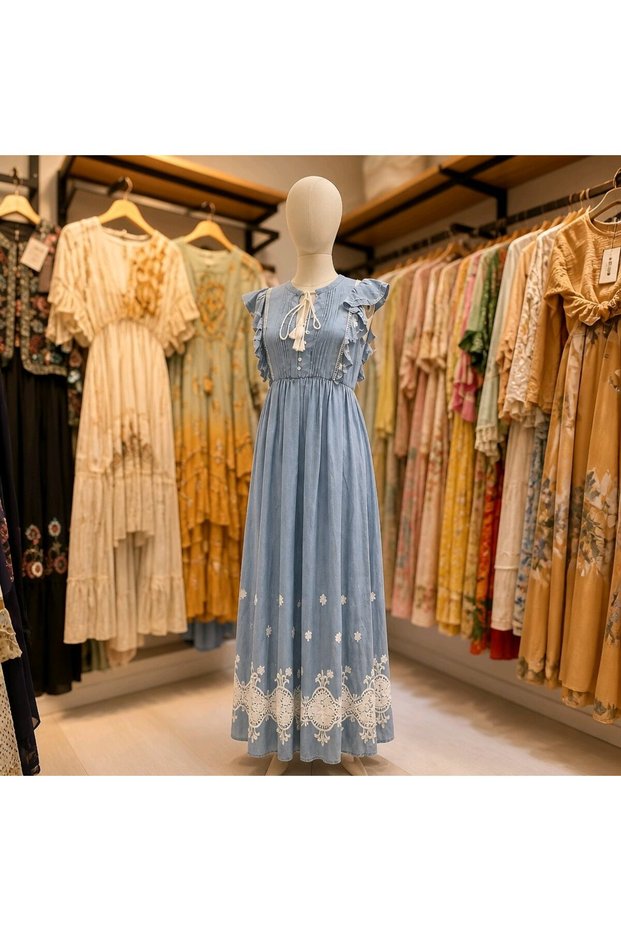 Women's Bohemian Style Ruffled, Tie-Up, Embroidered Hem Resort Dress - Blue