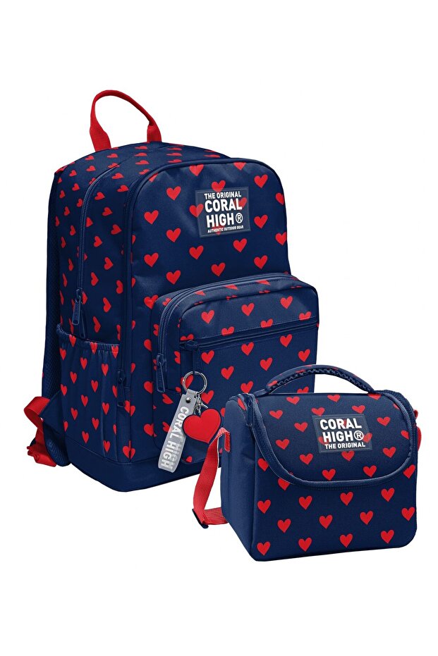 Navy Blue Red Heart Patterned (Girls) School Backpack and Lunch Bag Set - Setygn33229B