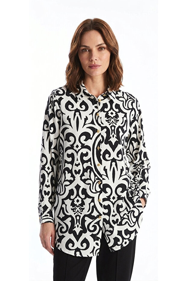 Women's Black and White Patterned Gold Buttoned Shirt - Tunic