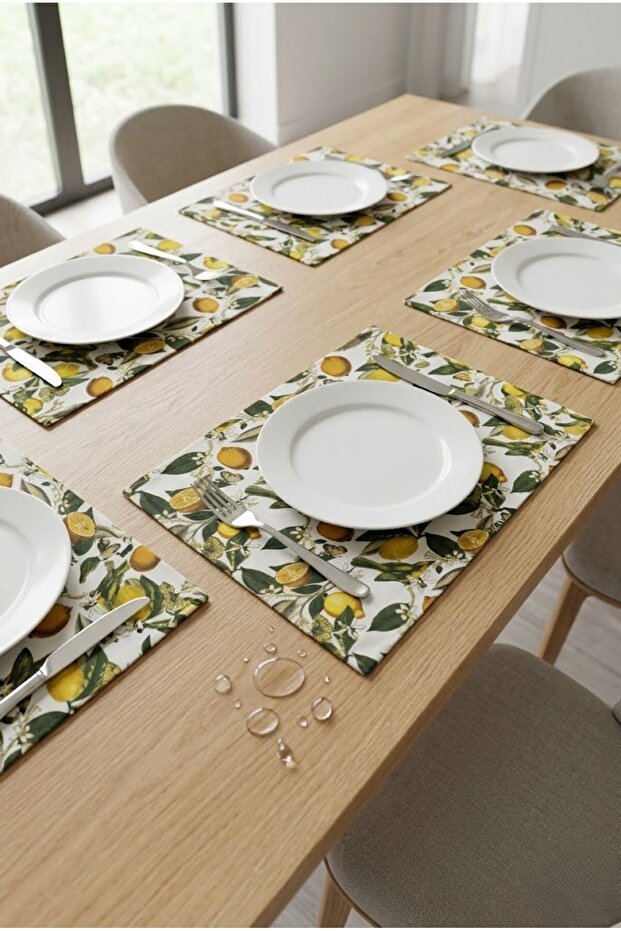 Lemon Patterned Waterproof American Placemats - Set of 6 Stain-Resistant Petibor Plate Mats