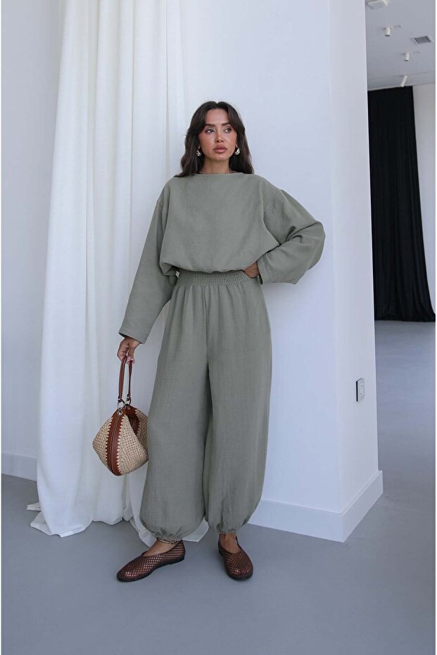 Khaki Atina Blouse Pants Muslin Set