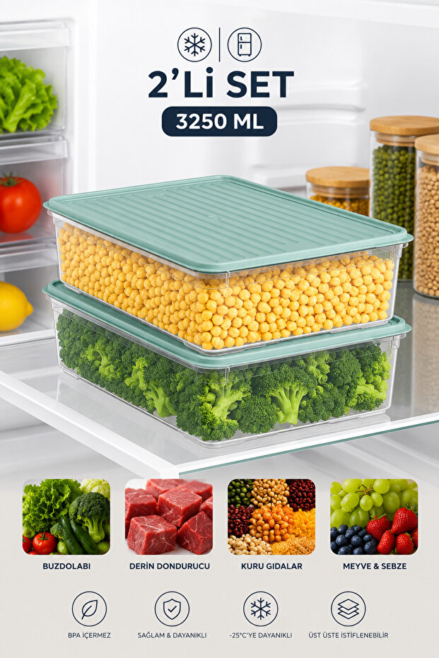 Set of 2 3250 ml Refrigerator & Freezer Storage Containers with Lids Transparent Food Organizer