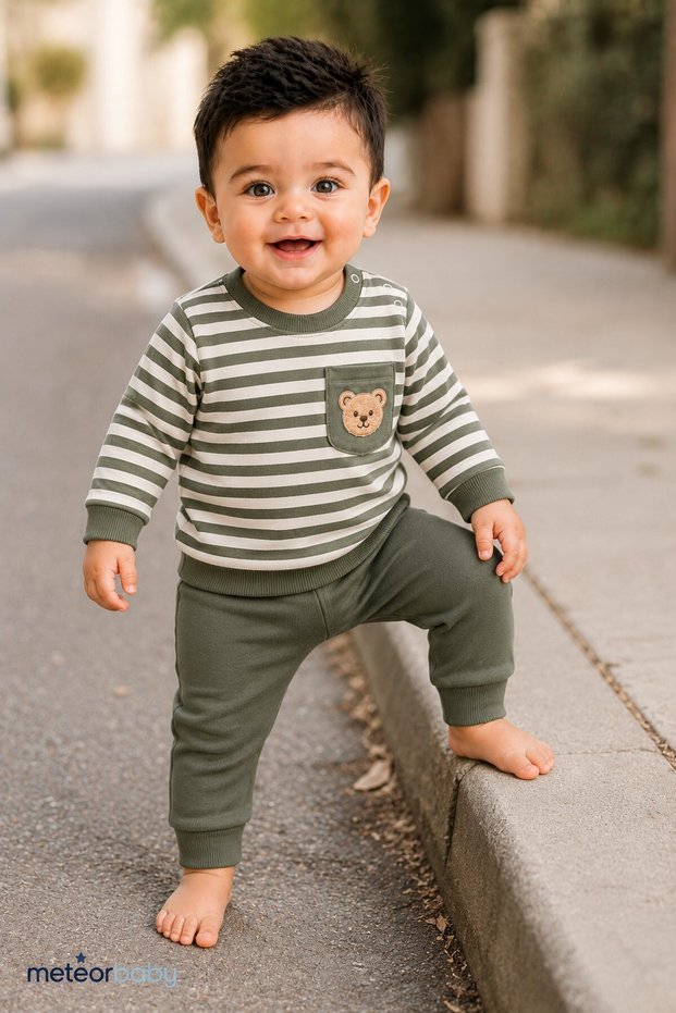 Boy's - Baby Set - Striped Seasonal Top and Bottom Set with Teddy Bear Pocket
