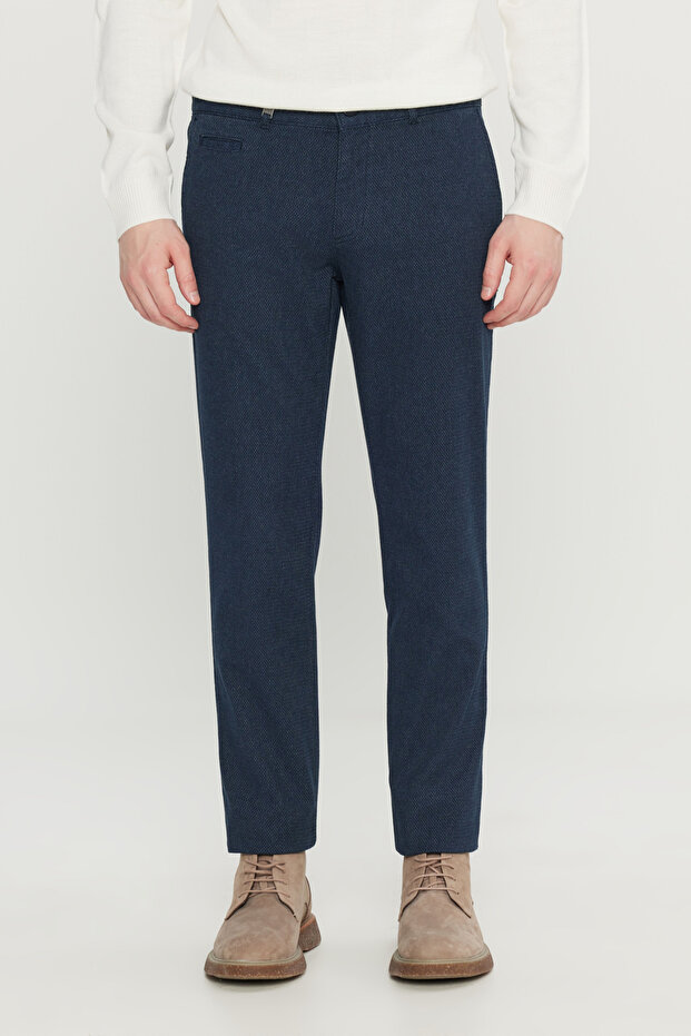 Men's Navy Blue Cotton Slim Fit Slim Fit Side Pocket Dobby Stretch Casual Trousers