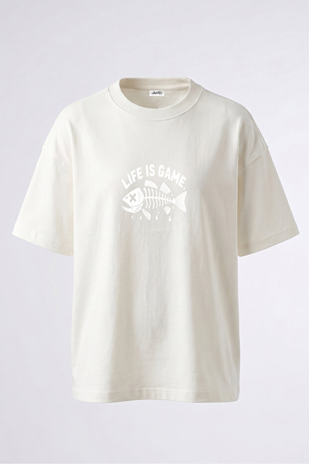 Game over Fish Design Back Printed Cotton White Oversize T-Shirt