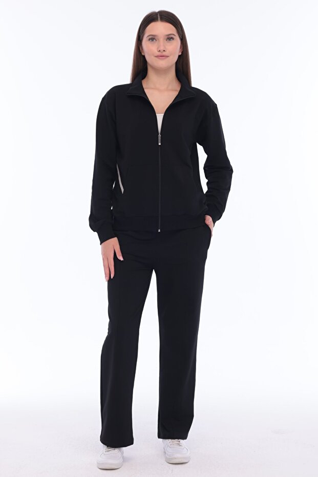 Women's Cotton Zippered Wide Leg Tracksuit Set Black 8528