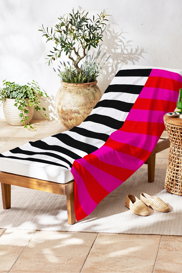 Striped Modern Stylish Beach Towel - Color Block Minimalist Black Fuchsia Quick Dry Microfiber Towel