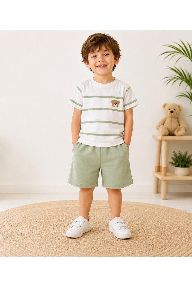 Boy's Summer Teddy Bear Embroidered Striped T-Shirt and Shorts Set 100% Cotton Green 2-Piece Set 1-2-3-4 Years Old