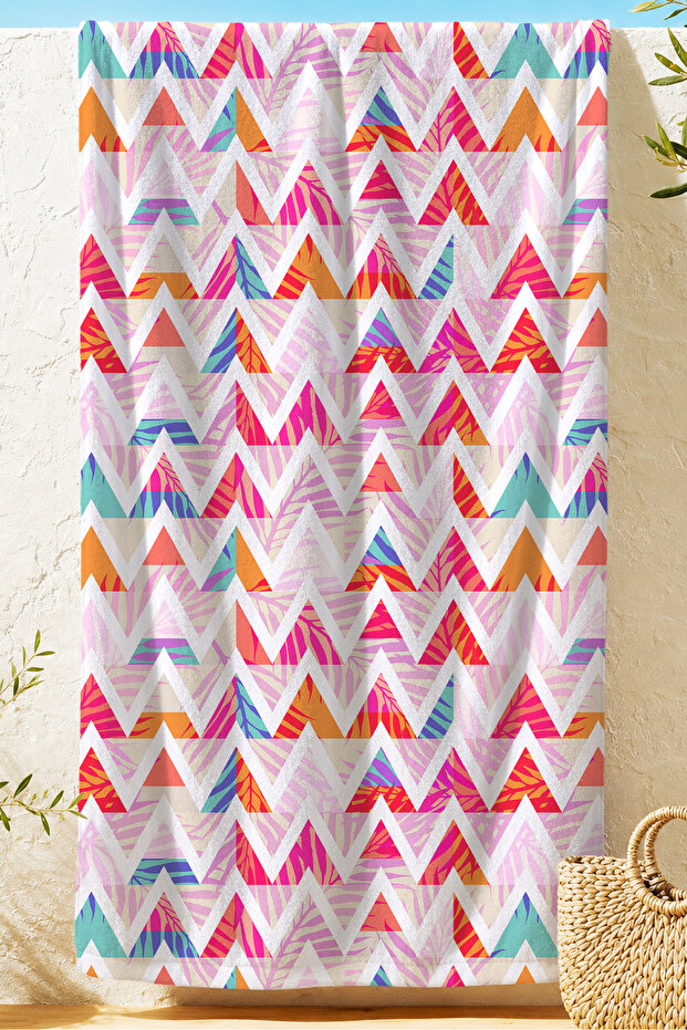 Zigzag Tropical Geometric Beach Towel - Bohemian Pink Orange Mediterranean Quick Dry Microfiber Towel