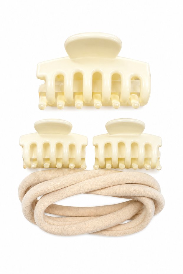 Women's Cream 3-Piece Set of Hair Clips and Soft Hair Ties