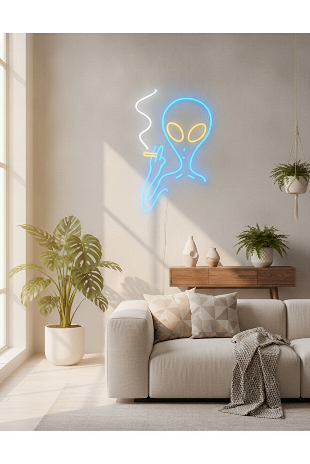 Uzaylı Figürü LED Neon Tablo | Pop Culture Duvar Dekoru | Pleksi Aydınlatmalı Genç Odası Tablosu - 4