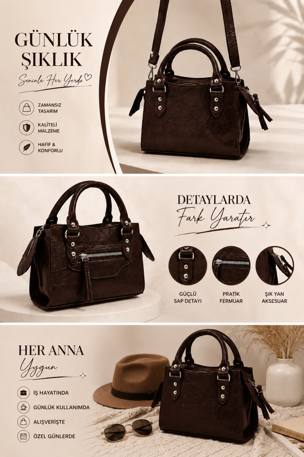 Coffee-Colored Women's Hand and Shoulder Bag with Double Handles, Crossbody Strap, Zipper, Daily Bag, Size 20, Length 14