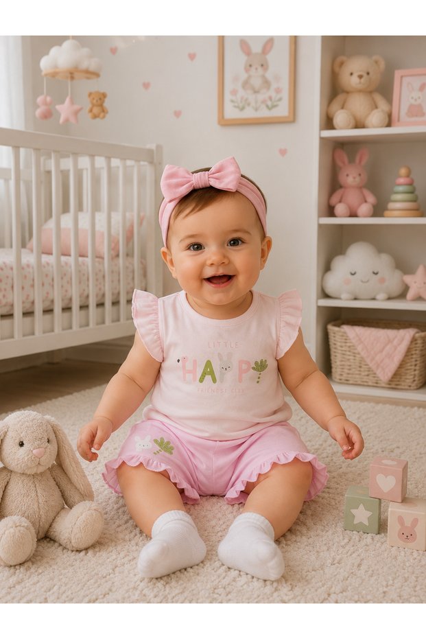 Short Sleeve Shorts Summer 100% Cotton Fabric Bottom Top Set Printed Pattern T-Shirt Shorts Set Girls 6-9/9-12/12-18/18-24 Months