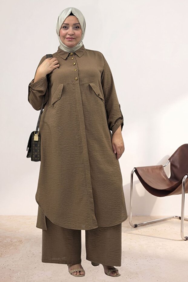 57024 Large Size Men's Collared Front-Pocket Trouser Suit - Brown